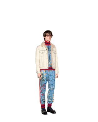 Shearling lined denim jacket with sketch snake print