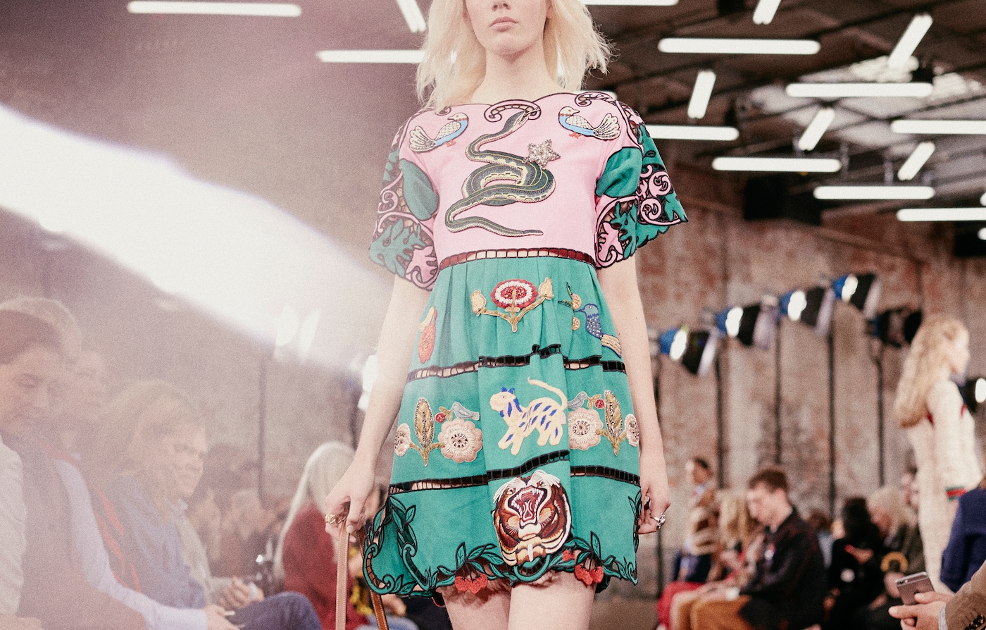 Petals, vines and <strong> whimsical</strong> creatures mingle in the Gucci <strong>menagerie</strong>.Modern Menagerie