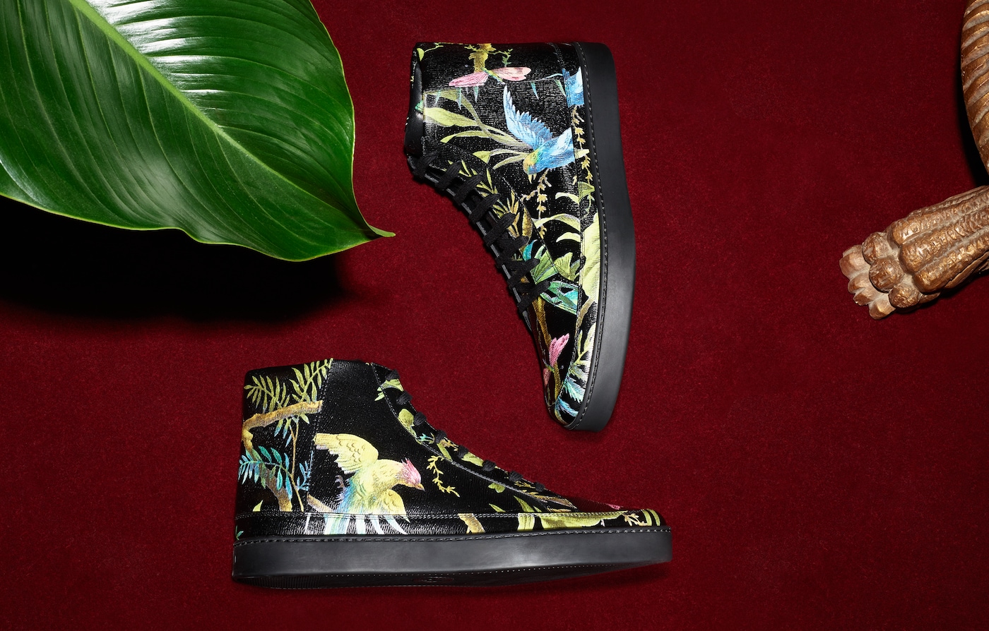 Exotic blooms and lush plants on the season's accessories and men's jackets. Dark Paradise