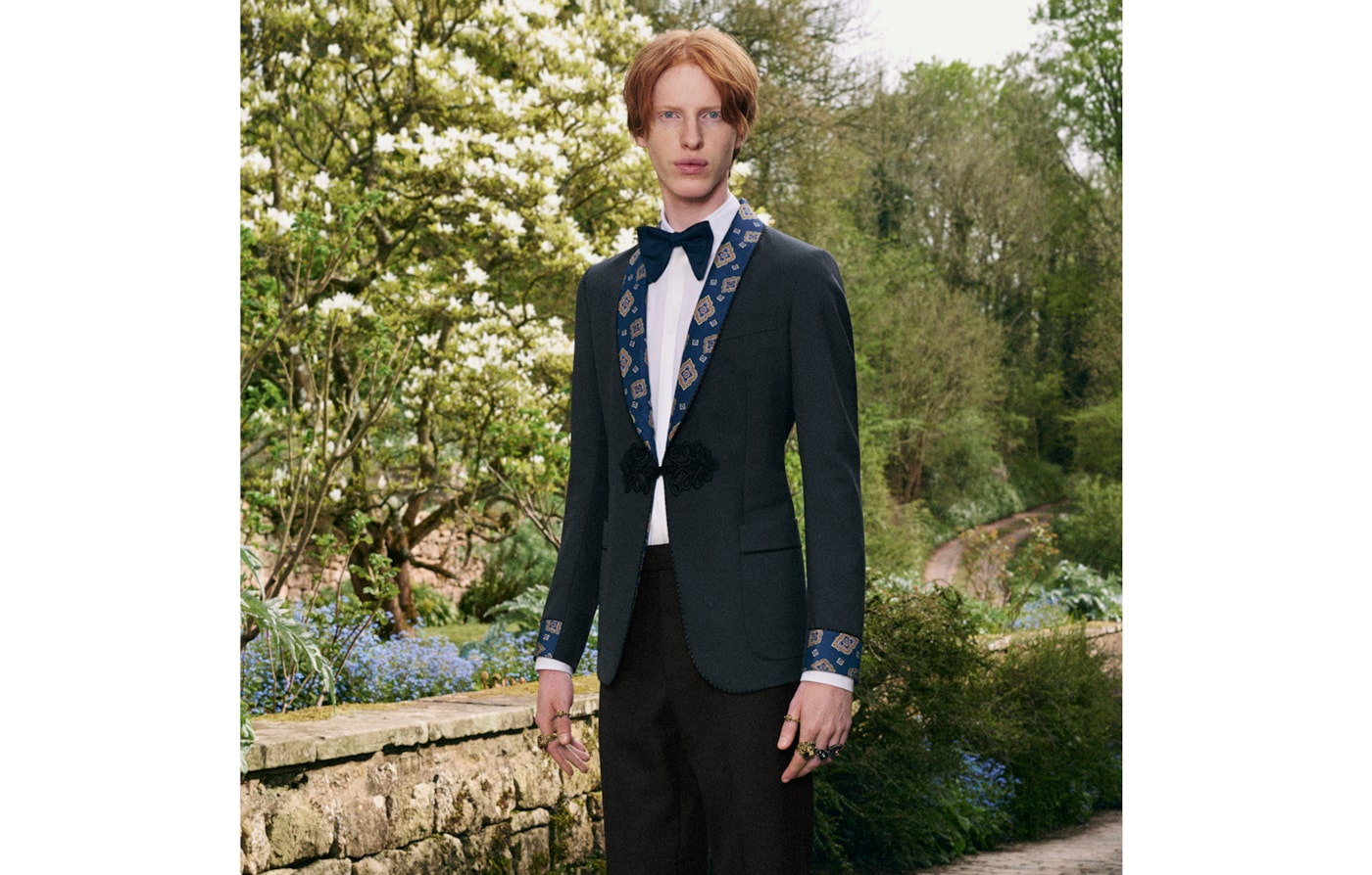 Tuxedos cut from bright silks and embroidered with roaring animals: unordinary men’s eveningwear by Alessandro Michele. The Evening Set