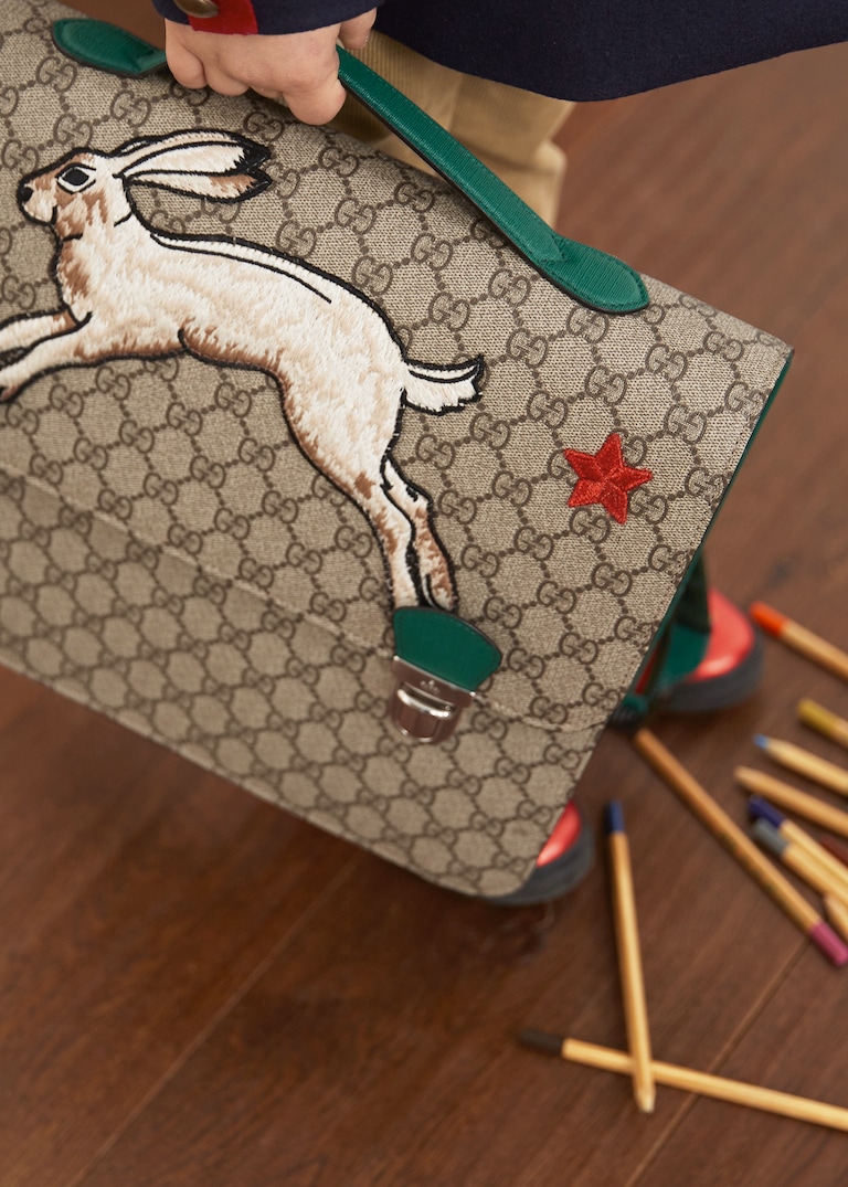 Plaids, prints and animal adorned satchels mix in the Gucci Kids’ back to school collection.Gucci Elementary 