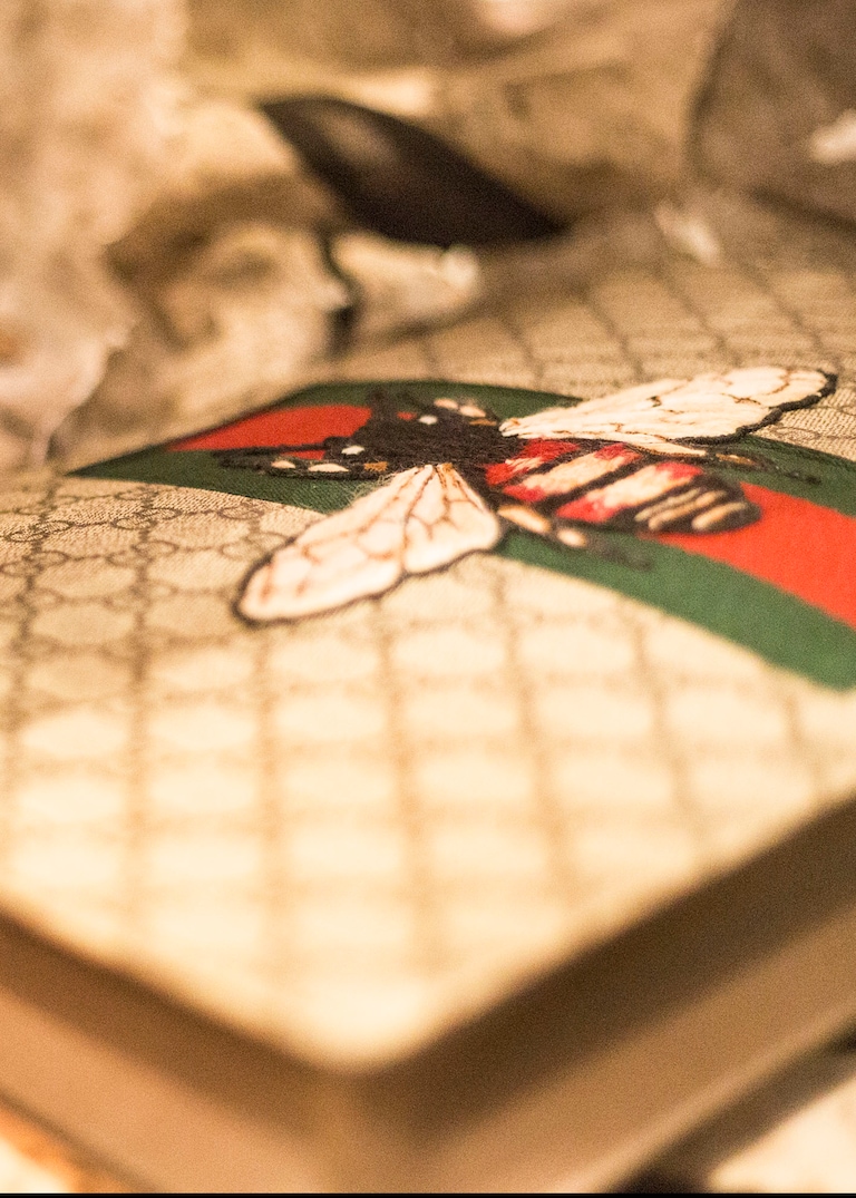 An installation for digital project Gucci 4 Rooms by Mr. featuring his manga-inspired art and Gucci symbols. Gucci Garden Room by Mr.