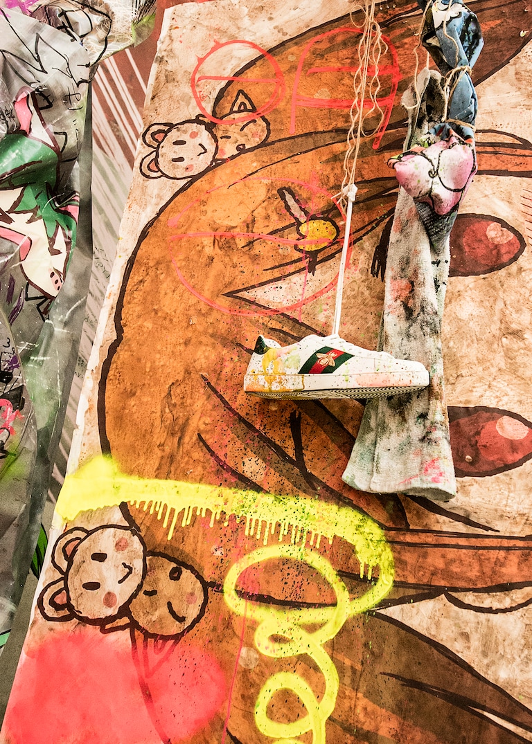 An installation for digital project Gucci 4 Rooms by Mr. featuring his manga-inspired art and Gucci symbols. Gucci Garden Room by Mr.