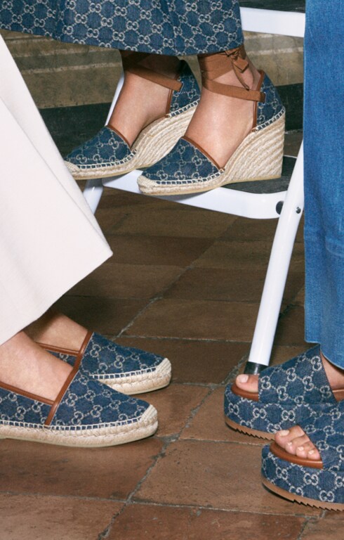 Women's platform slide sandal in blue and ivory GG denim | GUCCIÂ® US