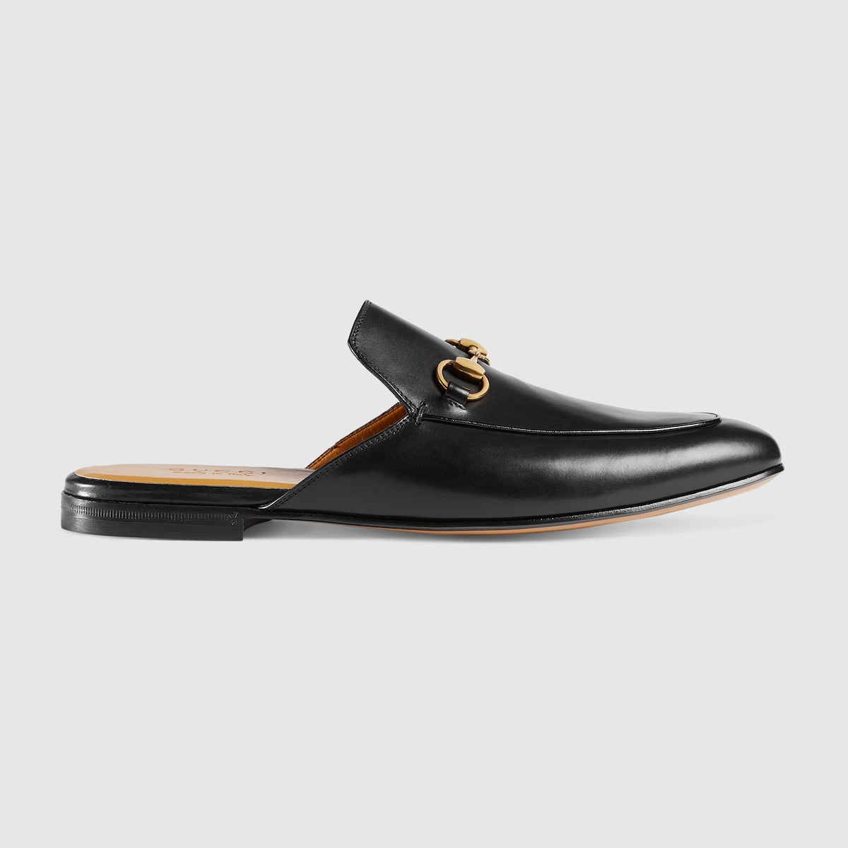 Black Shiny Leather Horsebit Slipper With Gold Tone Detail GUCCI