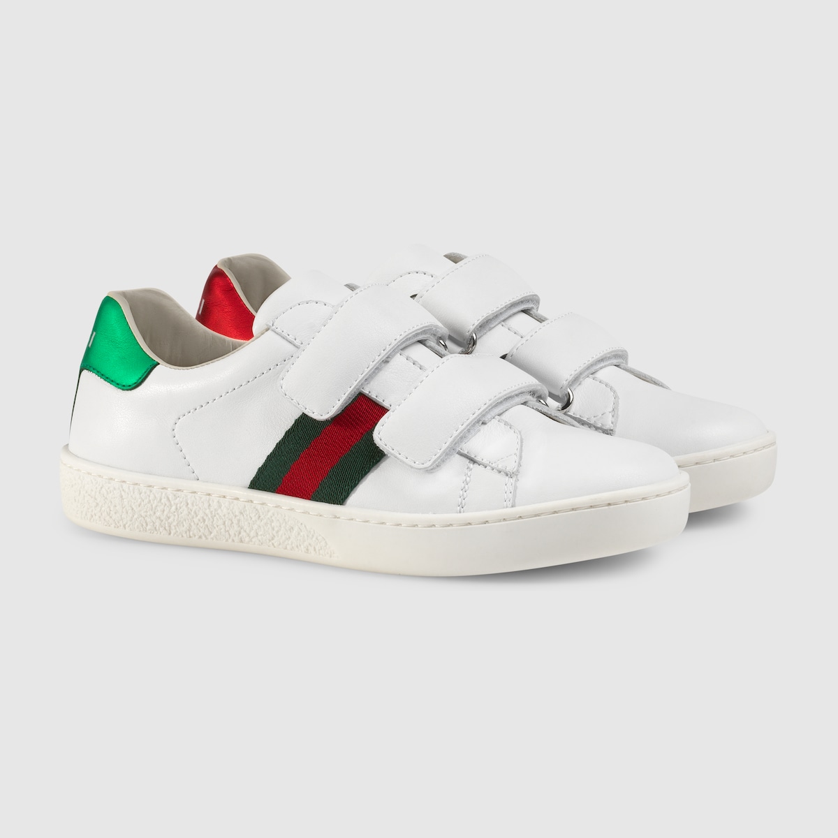 Children's Ace Sneaker White Leather Velcro With Green & Red Web