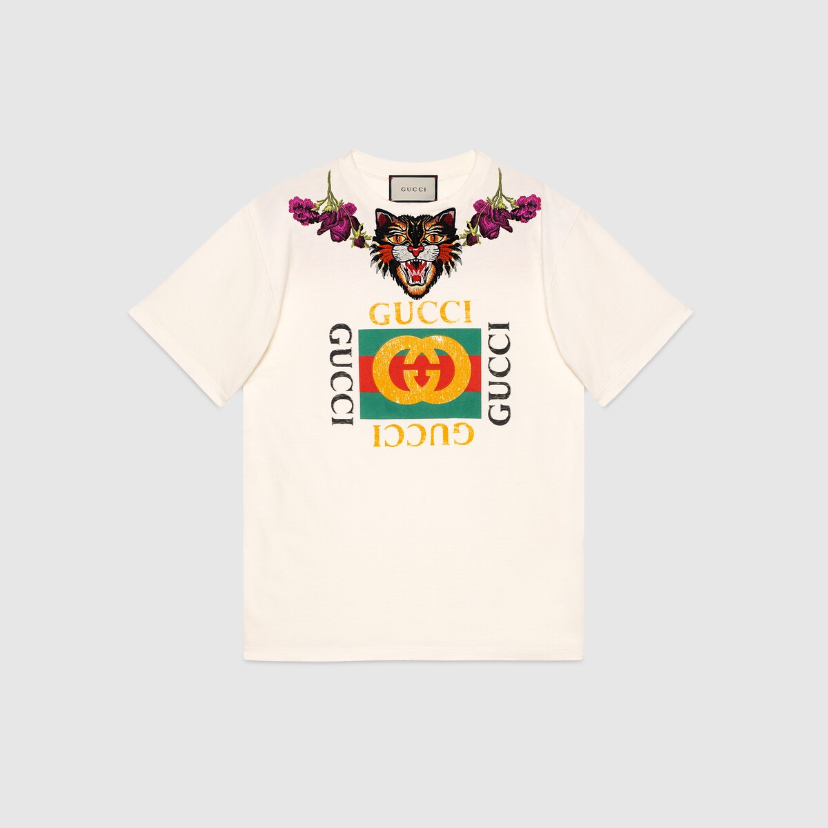 Angry cat embroidered cotton t-shirt