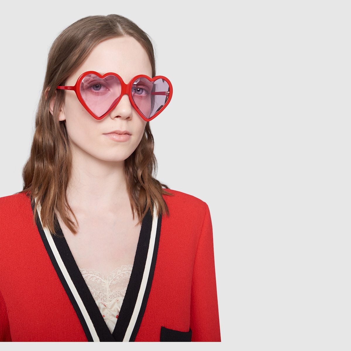 QA Low nose bridge fit heart frame acetate sunglasses in red acetate