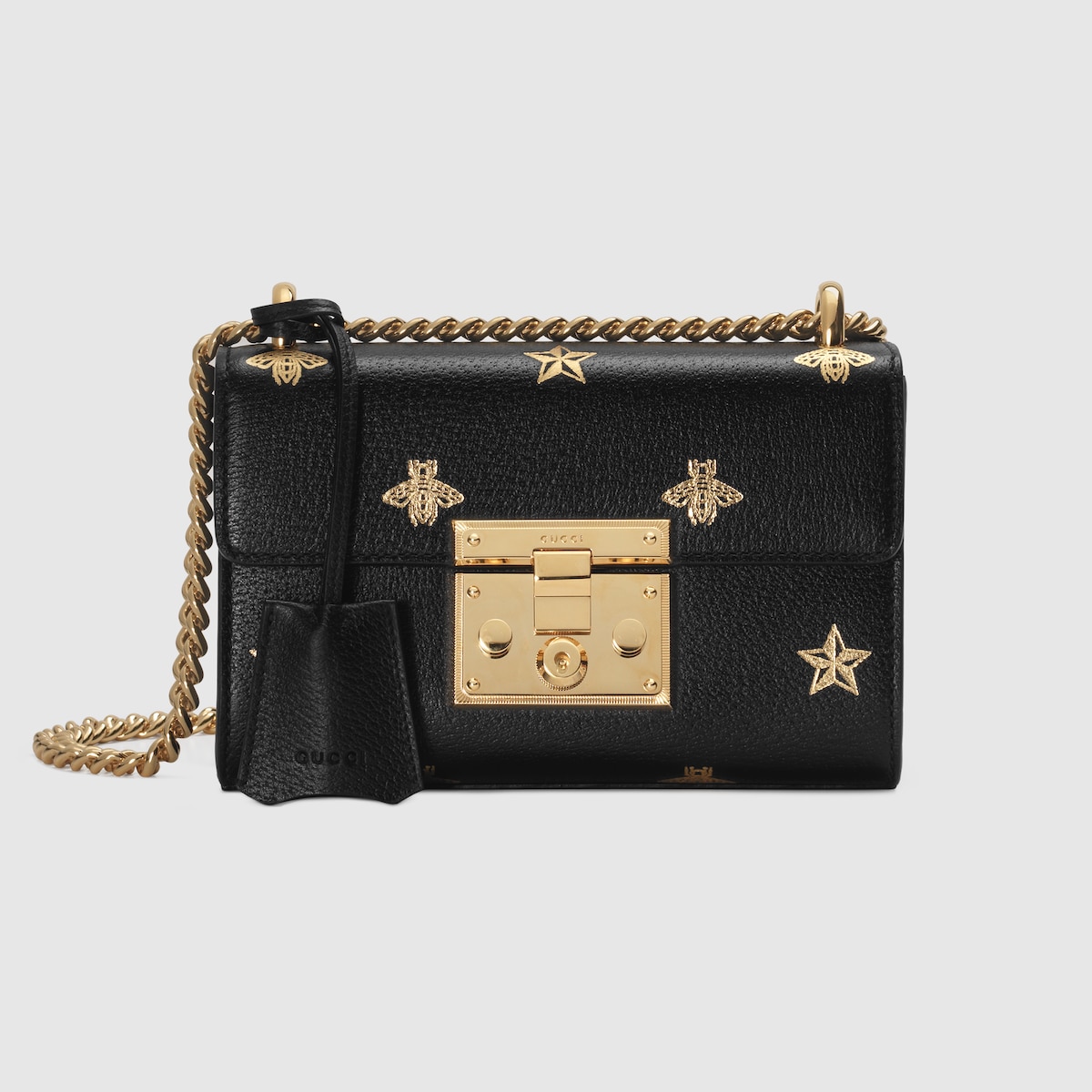 Black Leather Padlock Bee Star Small Shoulder Bag GUCCI® US
