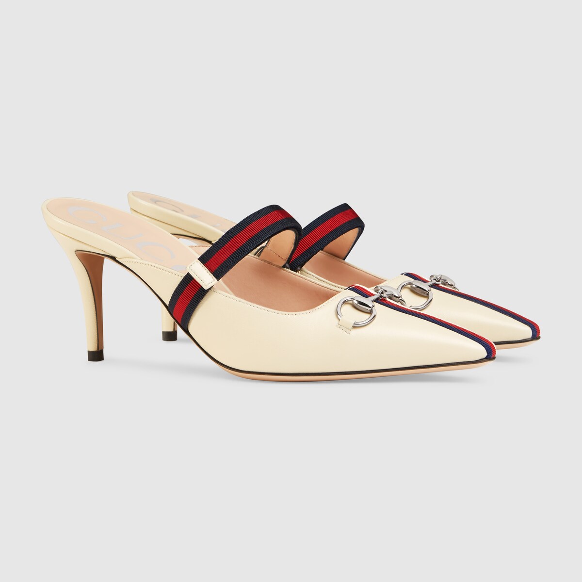 Gucci Horsebit-Detailed Grosgrain-Trimmed Leather Mules In Neutrals