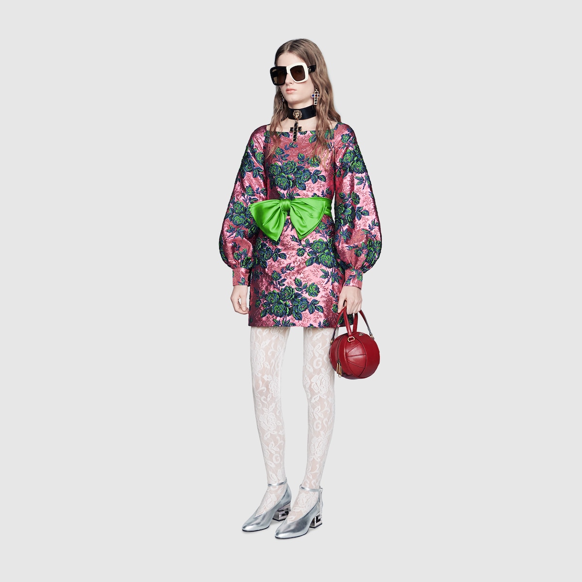 pink and green gucci dress Printed silk chiffon dress in light pink