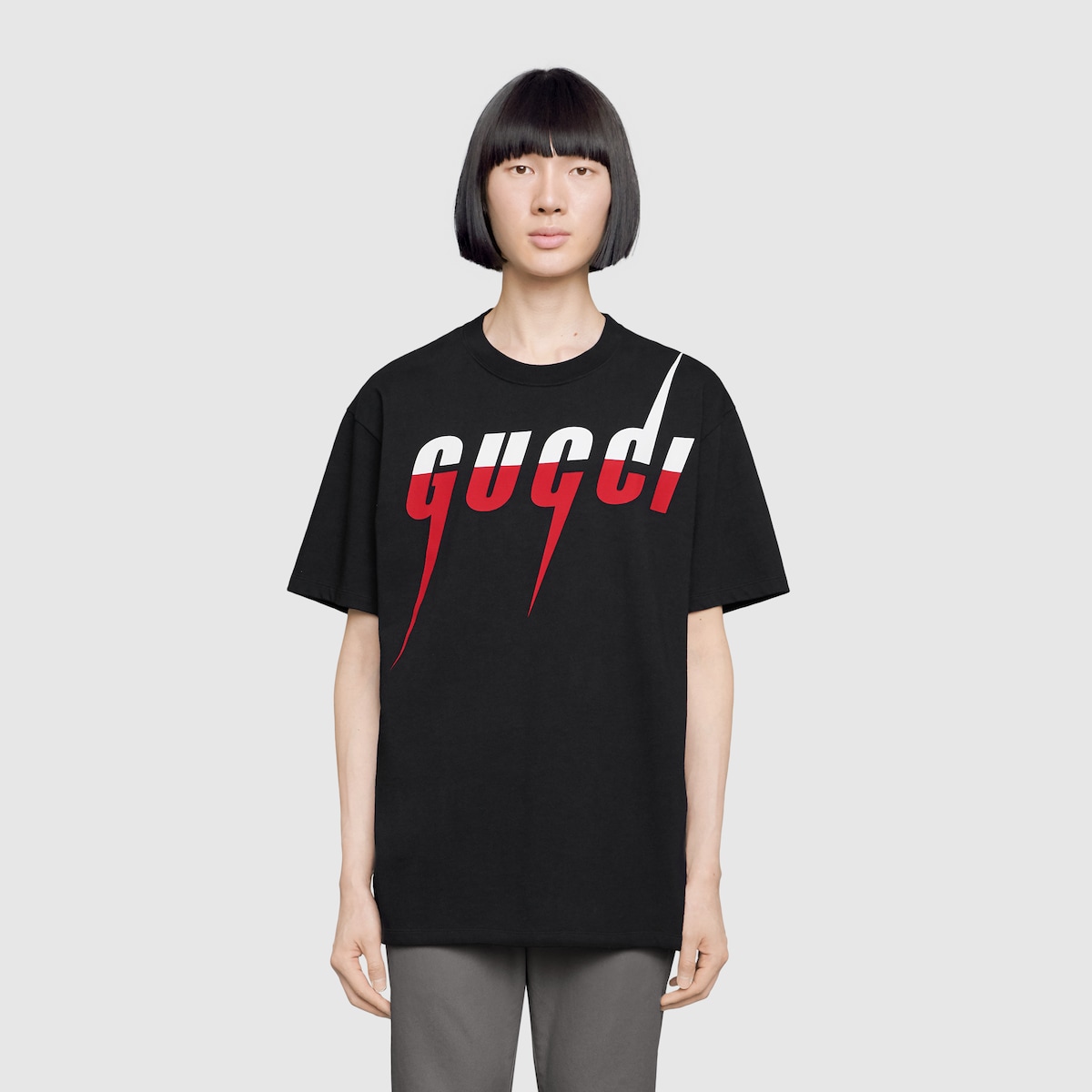 Black Cotton T-Shirt With Gucci Blade Print