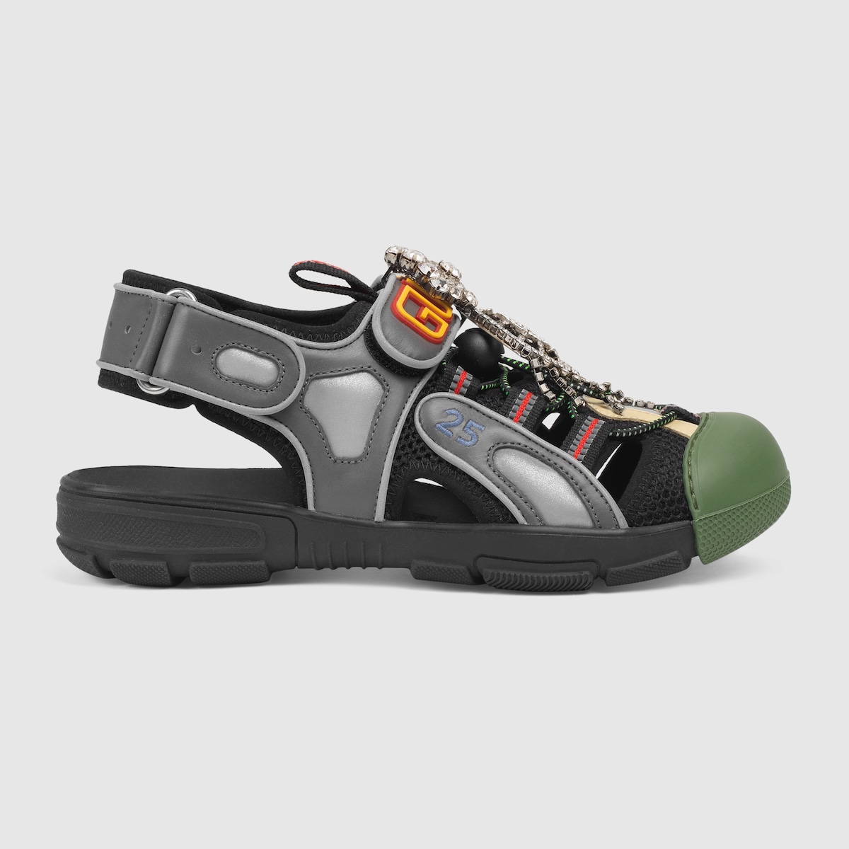 gucci leather and mesh sandal with crystals