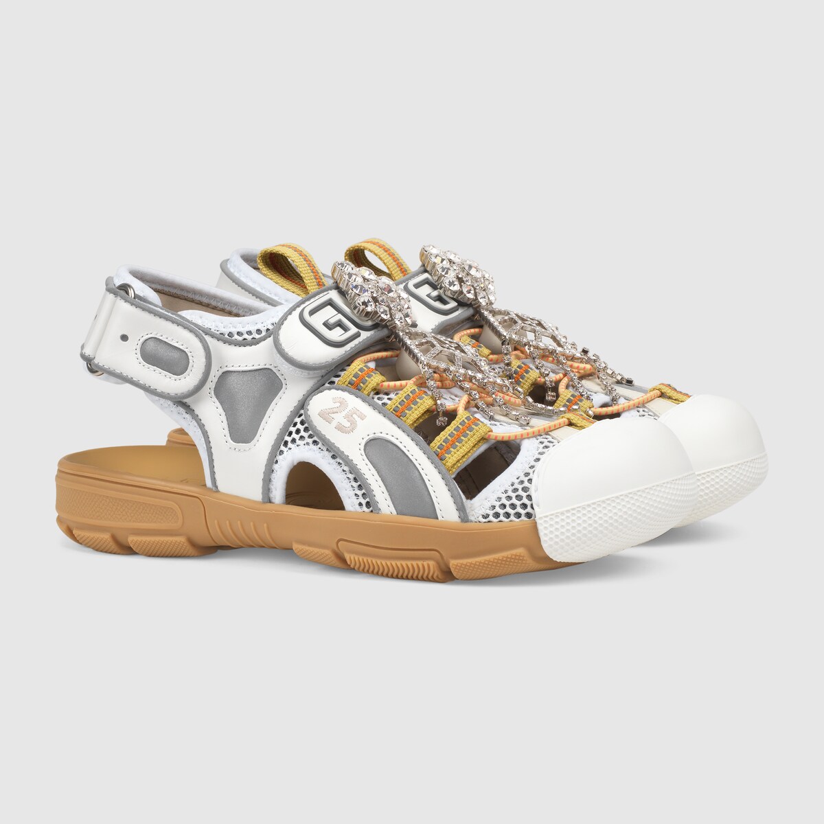 gucci leather and mesh sandal with crystals