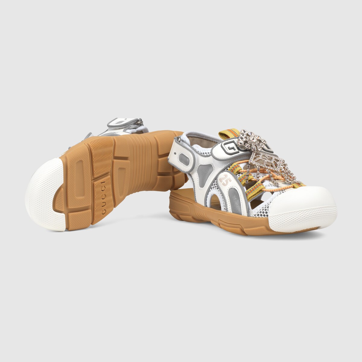 gucci leather and mesh sandal with crystals