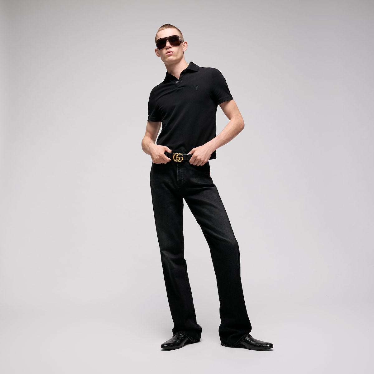 GG Marmont belt with shiny buckle in black leather - thumbnail 3