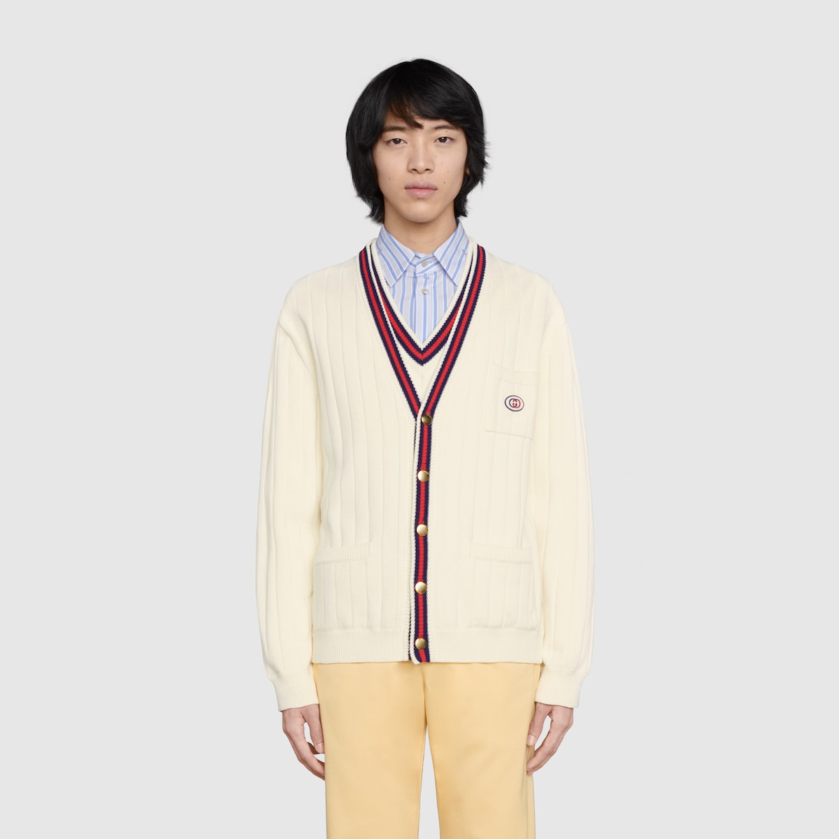 Knit cotton V-neck cardigan with Web in ivory | GUCCI® US