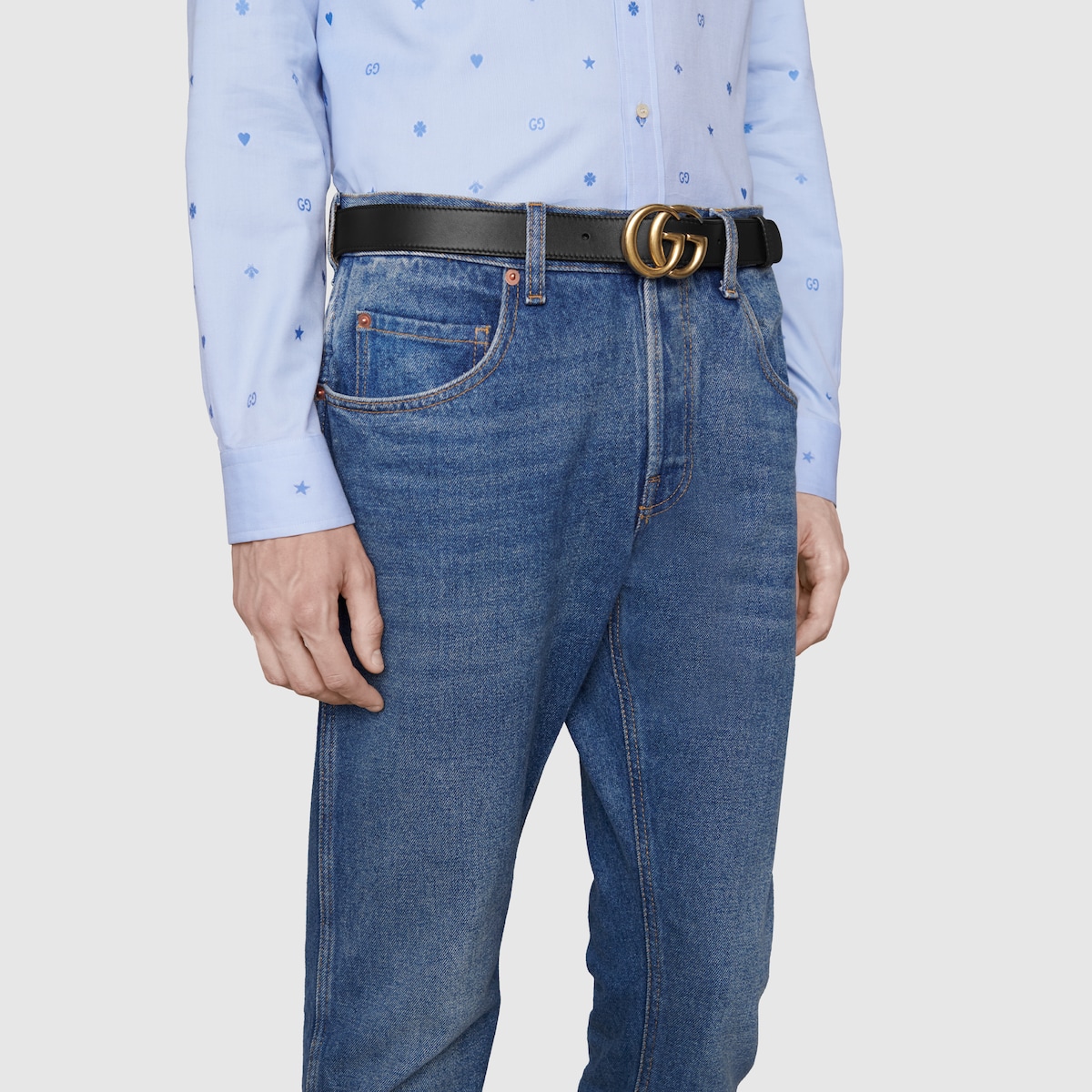 Men's Slim Black Leather Belt With Gold Double G Buckle - thumbnail 3
