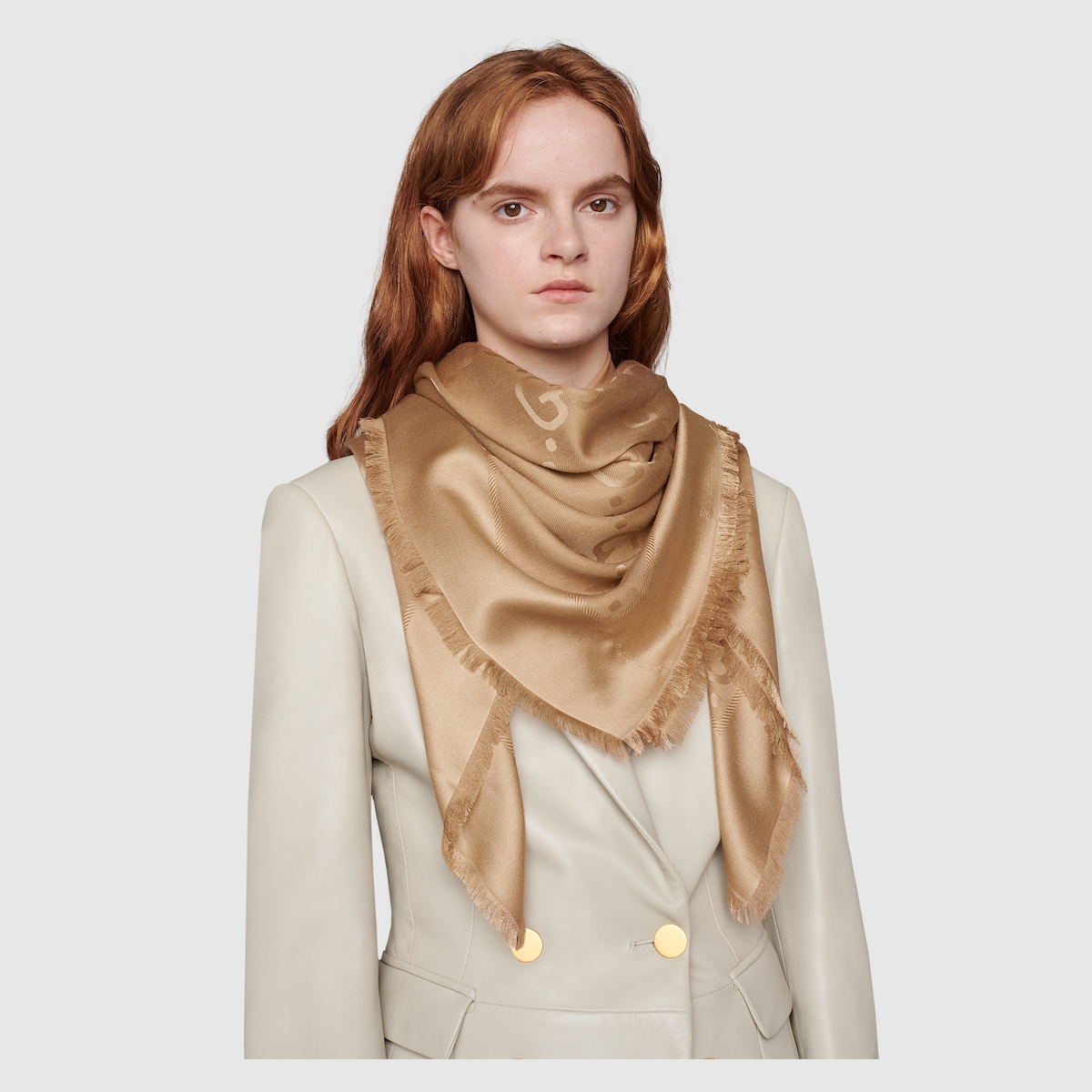 GG jacquard silk wool shawl in camel | GUCCI® US