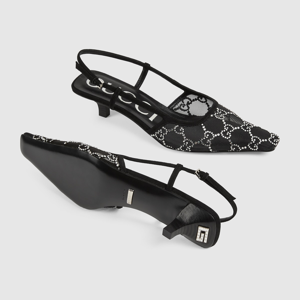 Women's GG slingback pump in black mesh with crystals