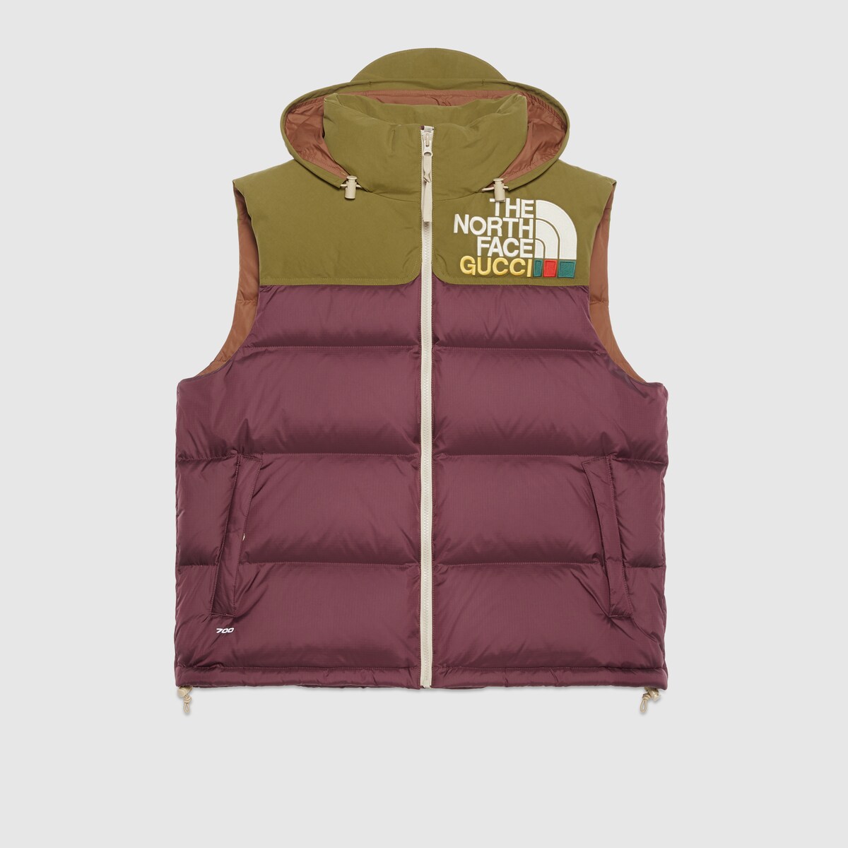 The North Face x Gucci padded vest in bordeaux and green | GUCCI® SG