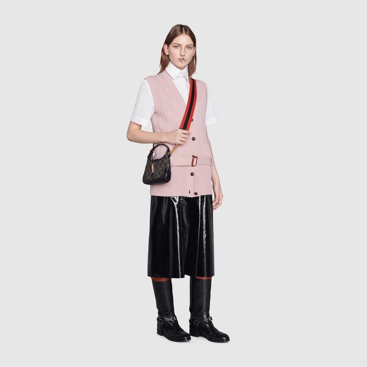 Jackie 1961 mini shoulder bag in black and ivory GG denim