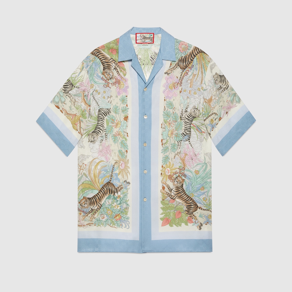 Gucci Tiger bowling shirt in ivory and blue GUCCI UK