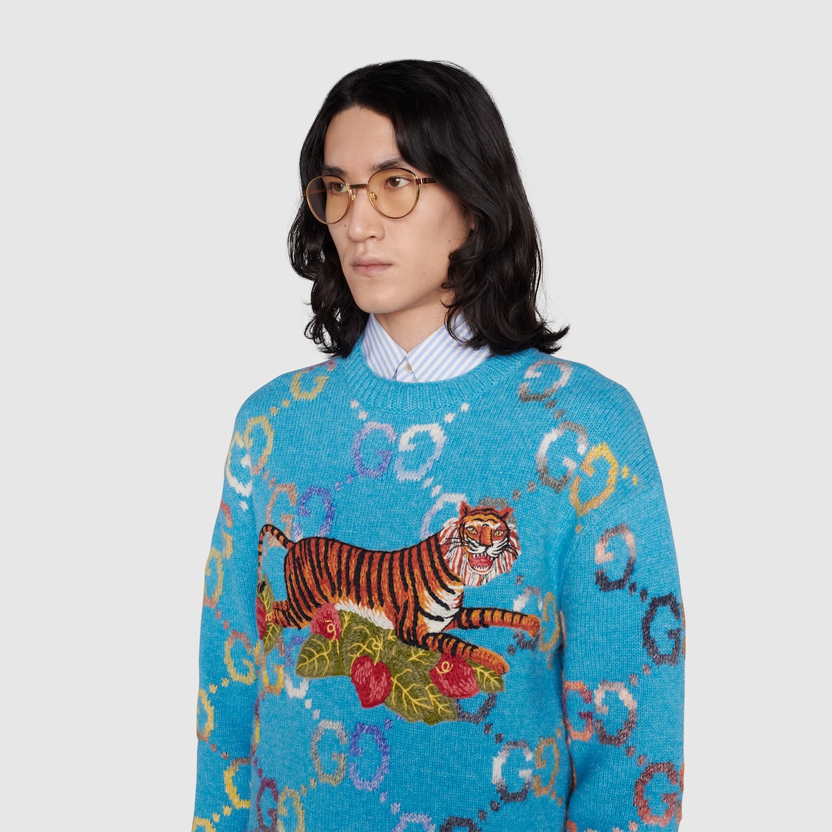 Gucci Tiger maglione in lana GG jacquard in blu GUCCI Italia