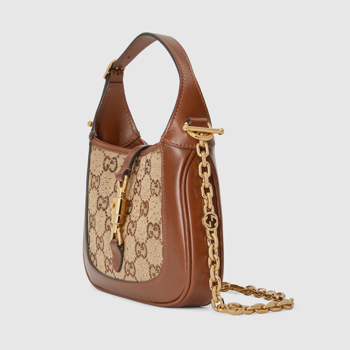 GUCCI ♪ ジャッキー 1961 GG クリスタル ミニバッグ 67579921HR Gucci Jackie 1961 crystals mini bag in camel and dark brown