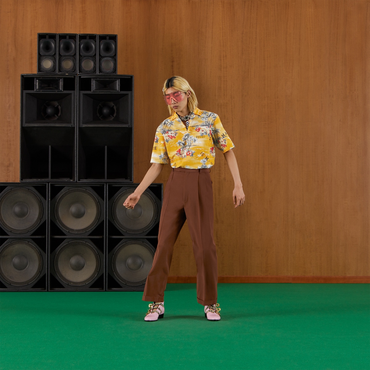 Printed cotton bowling shirt in yellow and red | GUCCI® MX