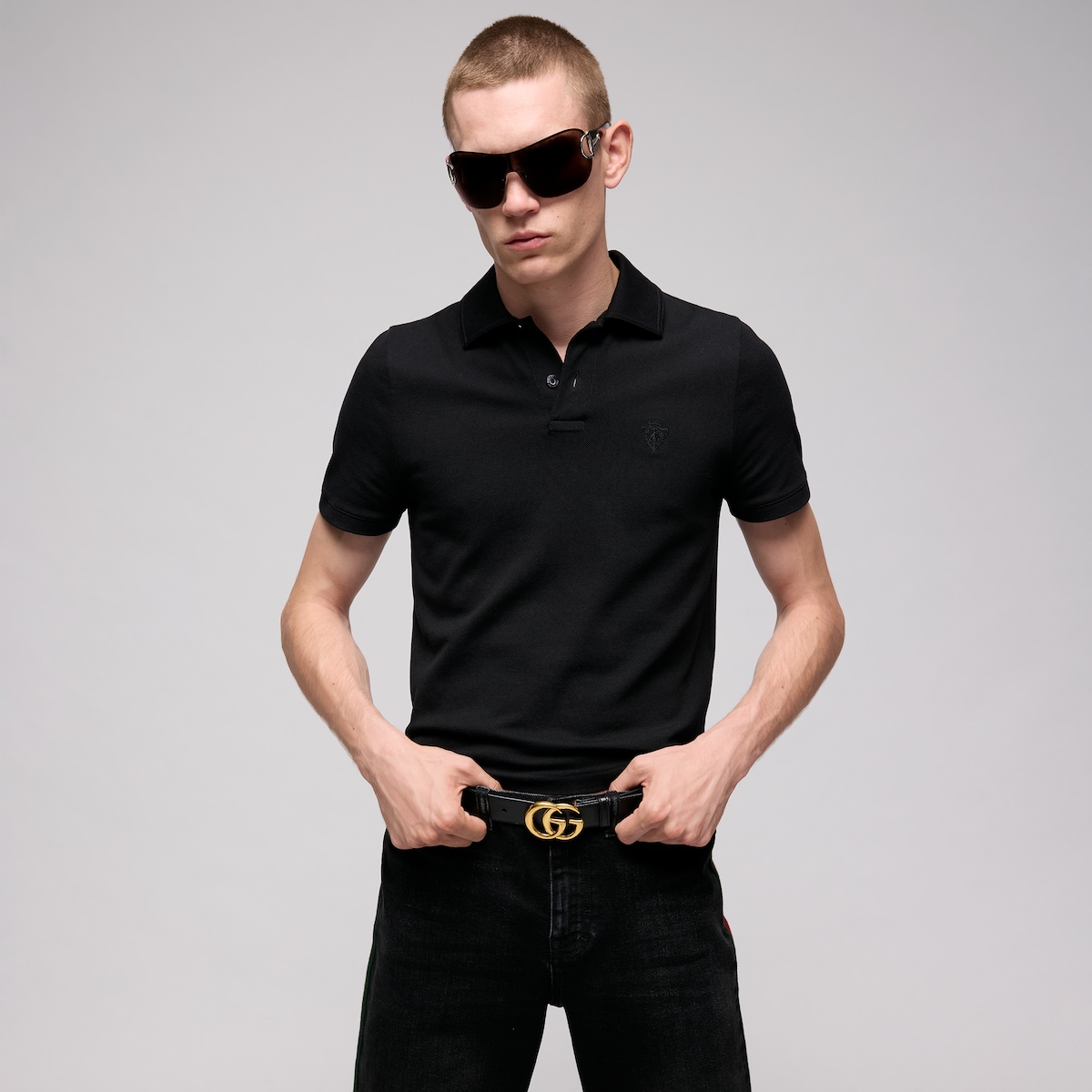 GG Marmont belt with shiny buckle in black leather - thumbnail 2