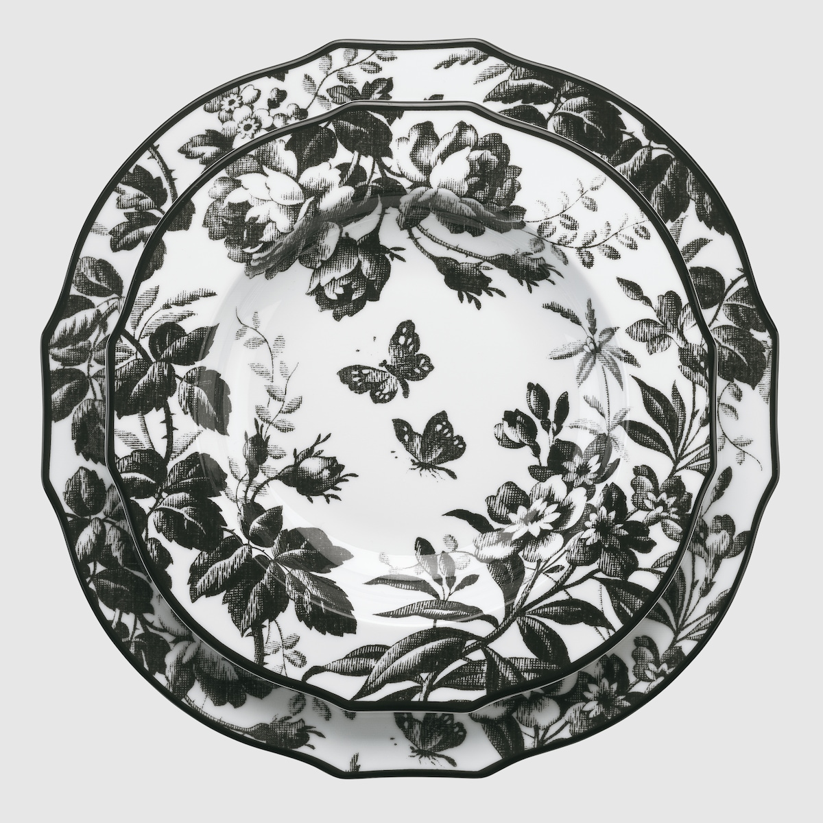 Herbarium dinner plate, set of two in black and white porcelain