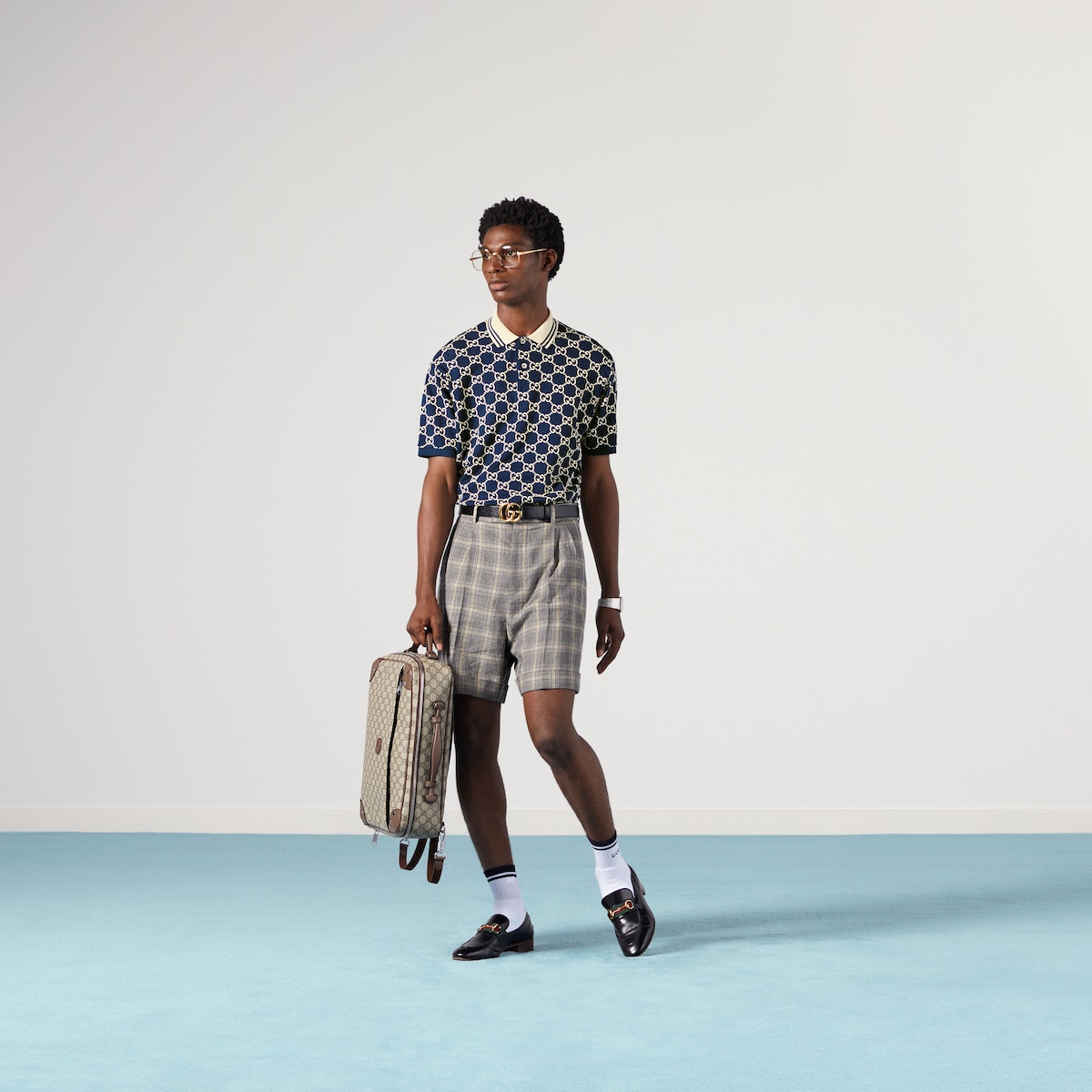 GG stretch cotton polo in dark blue cotton piquet | GUCCI® US