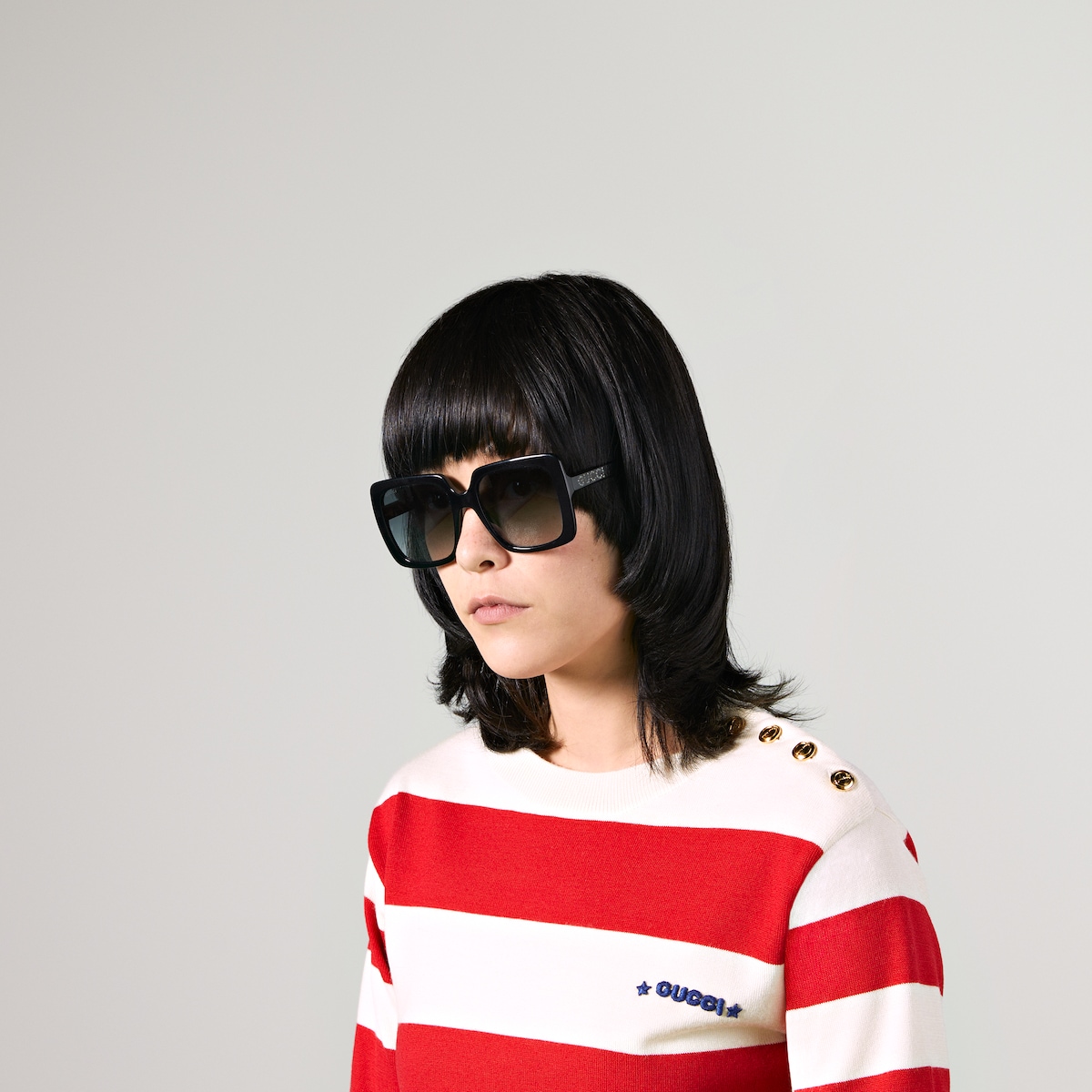 Oversize rectangular sunglasses in shiny black acetate