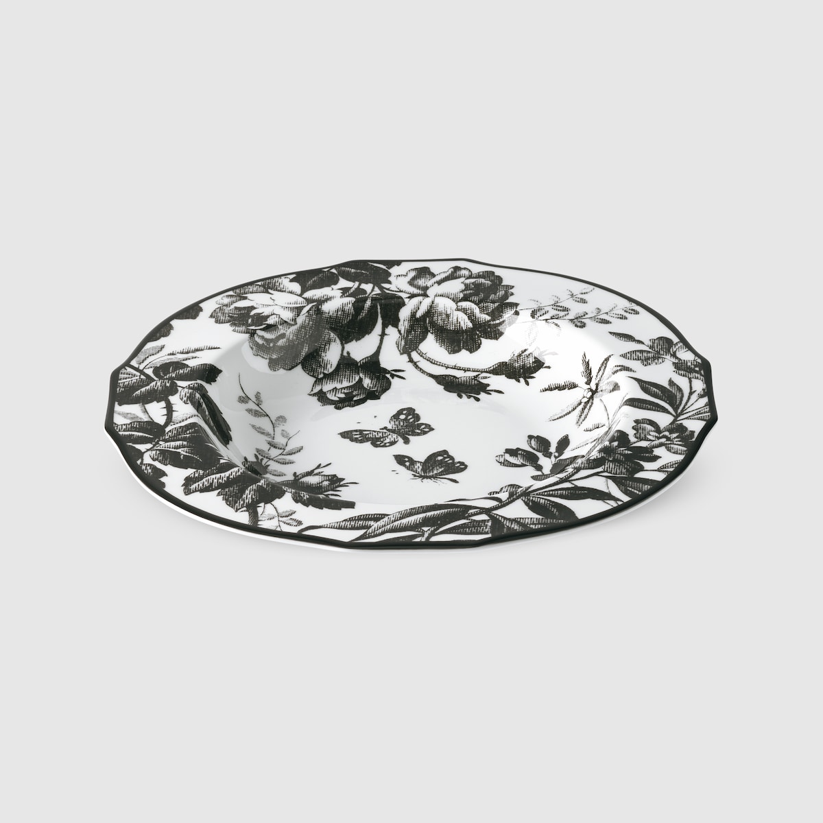 Herbarium rim soup bowl, set of two in black and white porcelain