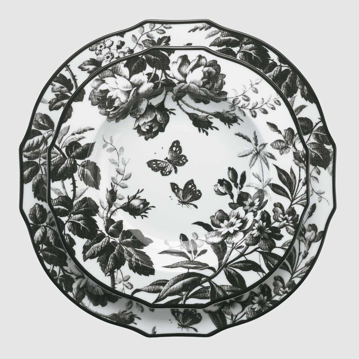 Herbarium rim soup bowl, set of two in black and white porcelain