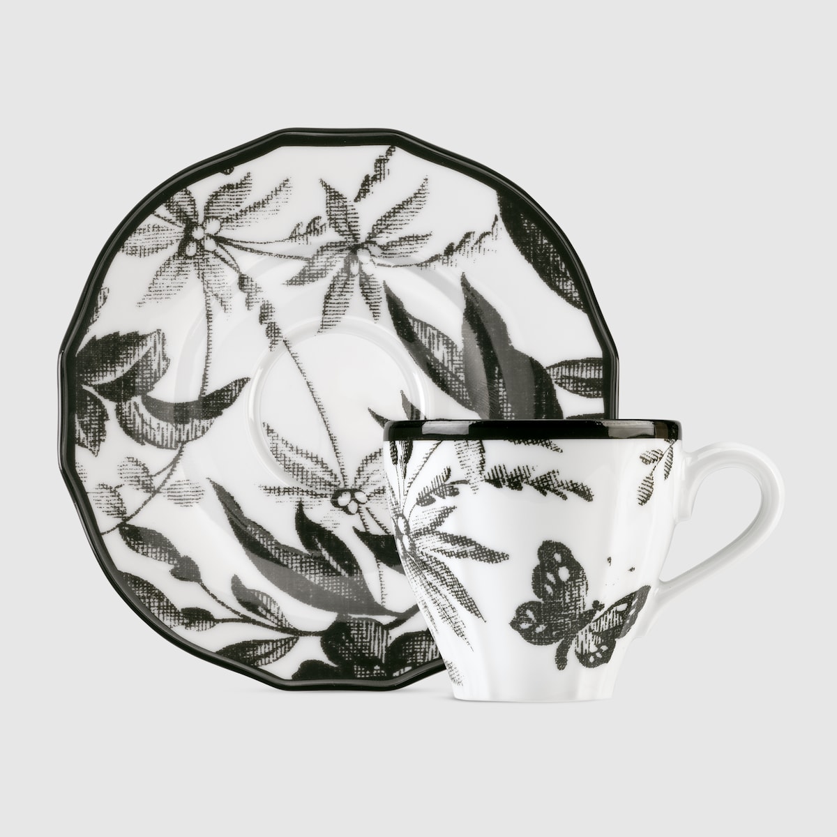 Herbarium coffee cup and saucer, set of two in black and white porcelain - thumbnail 3