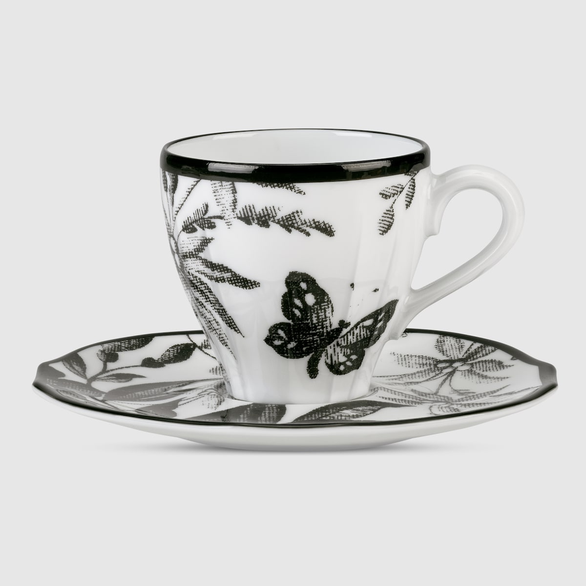 Herbarium coffee cup and saucer, set of two in black and white porcelain - thumbnail 2