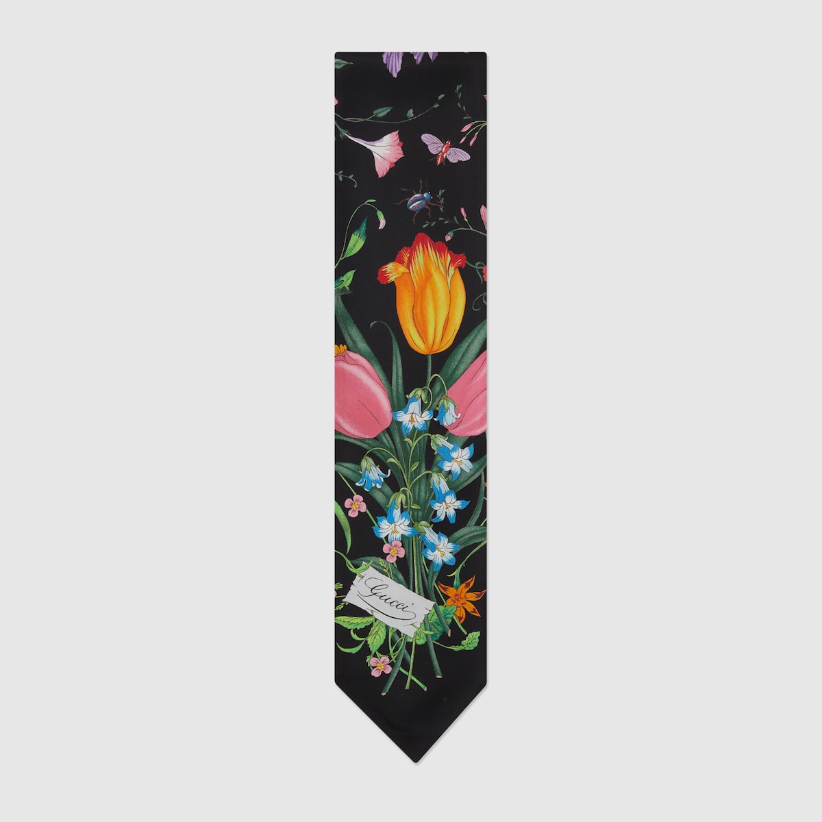 スカーフ GUCCI Gucci Flora printed silk twill neck bow BLACK/BLACK Printed silk twill neck bow in black and multicolor | GUCCI® US