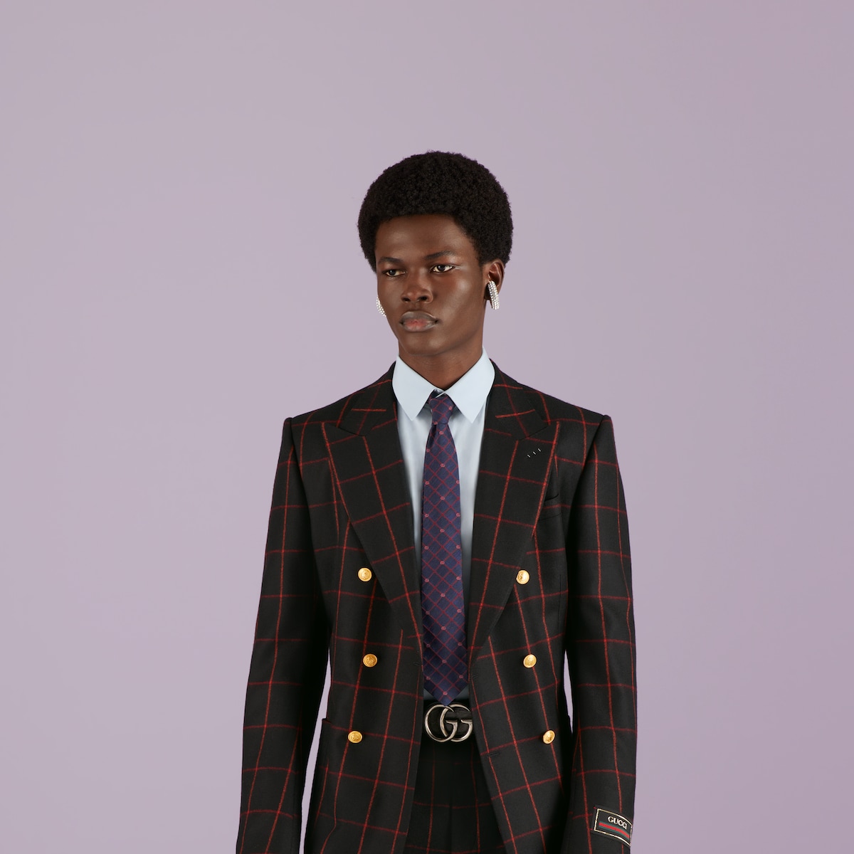 Double G and check silk jacquard tie in blue