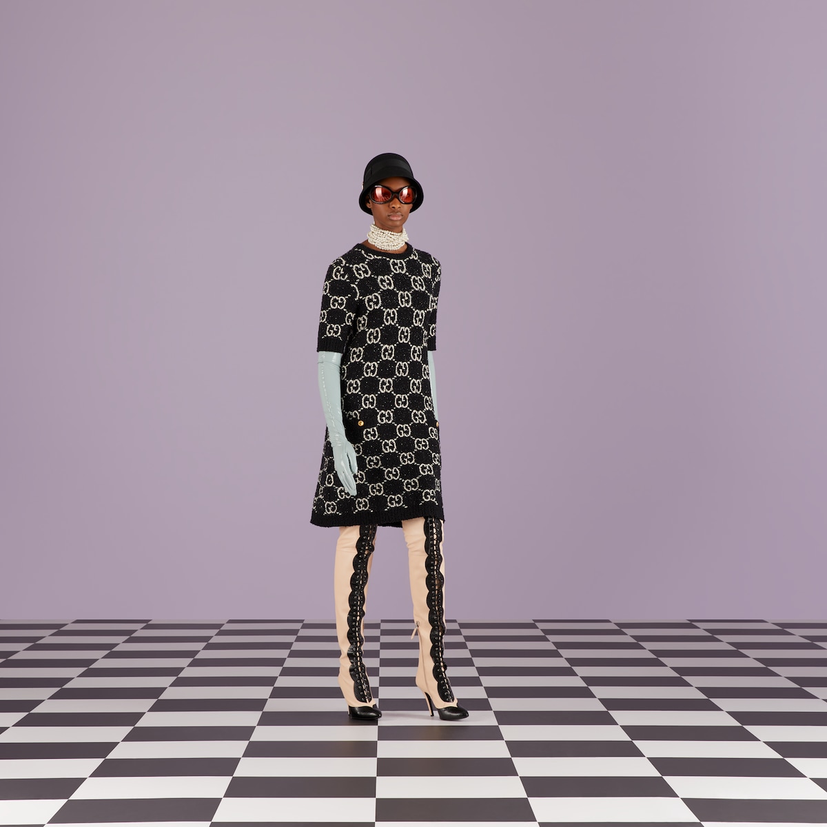 GG jacquard short sleeve dress in black and ivory GUCCI US