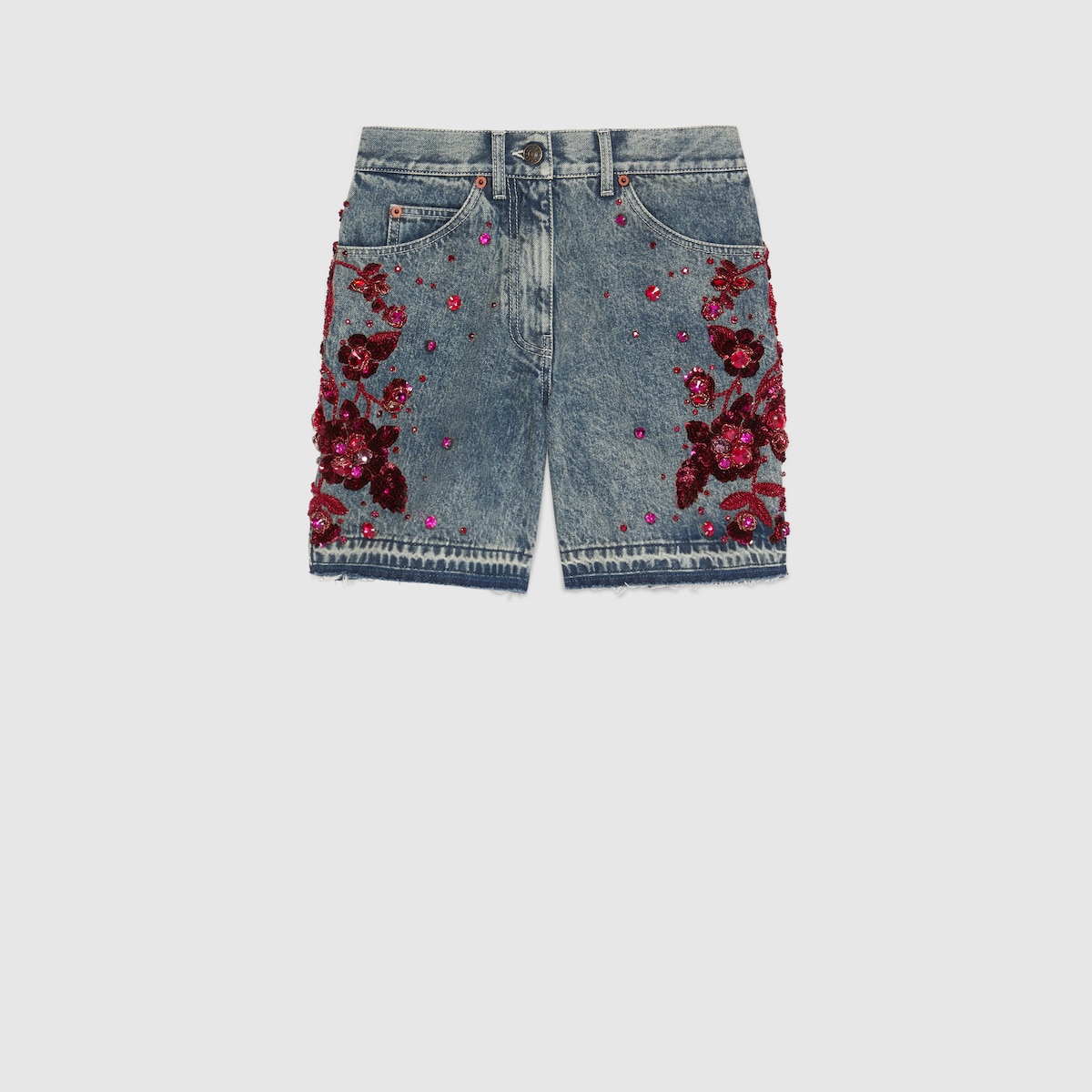 Denim shorts with floral embroidery in light blue GUCCI Australia