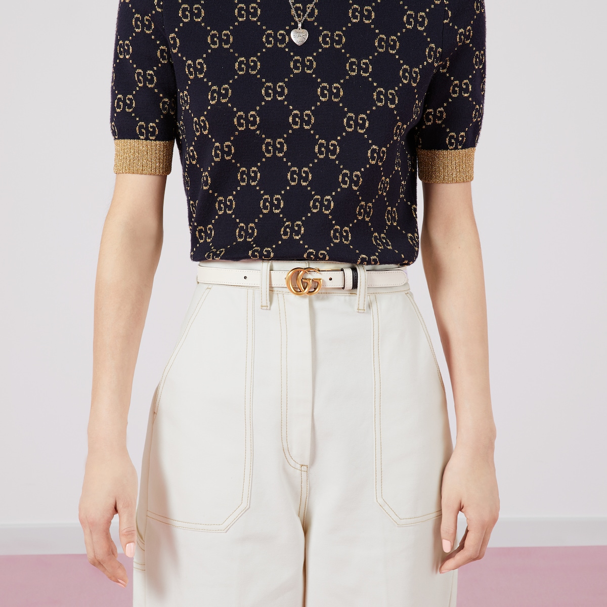 GG Marmont reversible thin belt in white leather - thumbnail 4