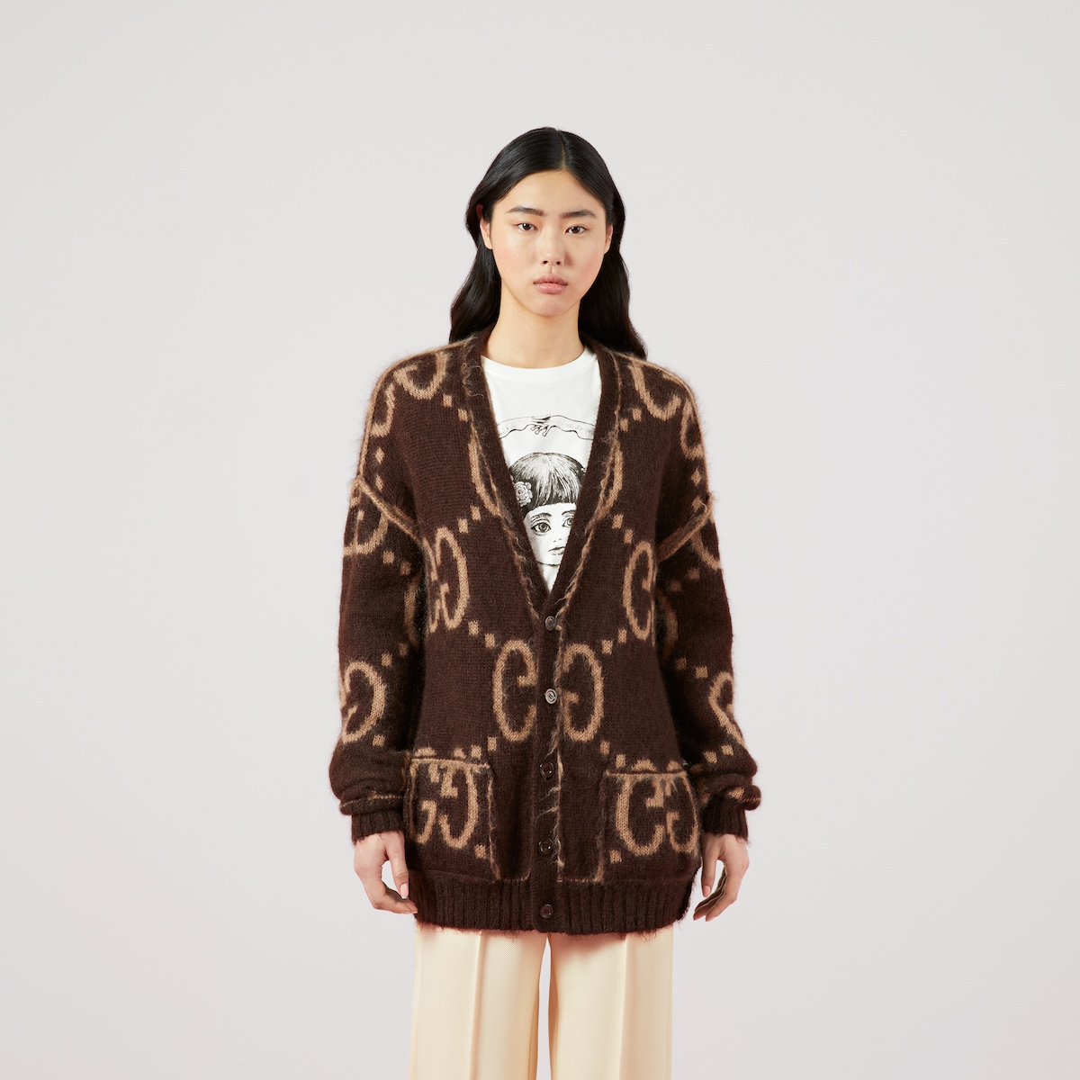 Reversible GG Mohair Wool Cardigan In Beige Brown GUCCI Canada