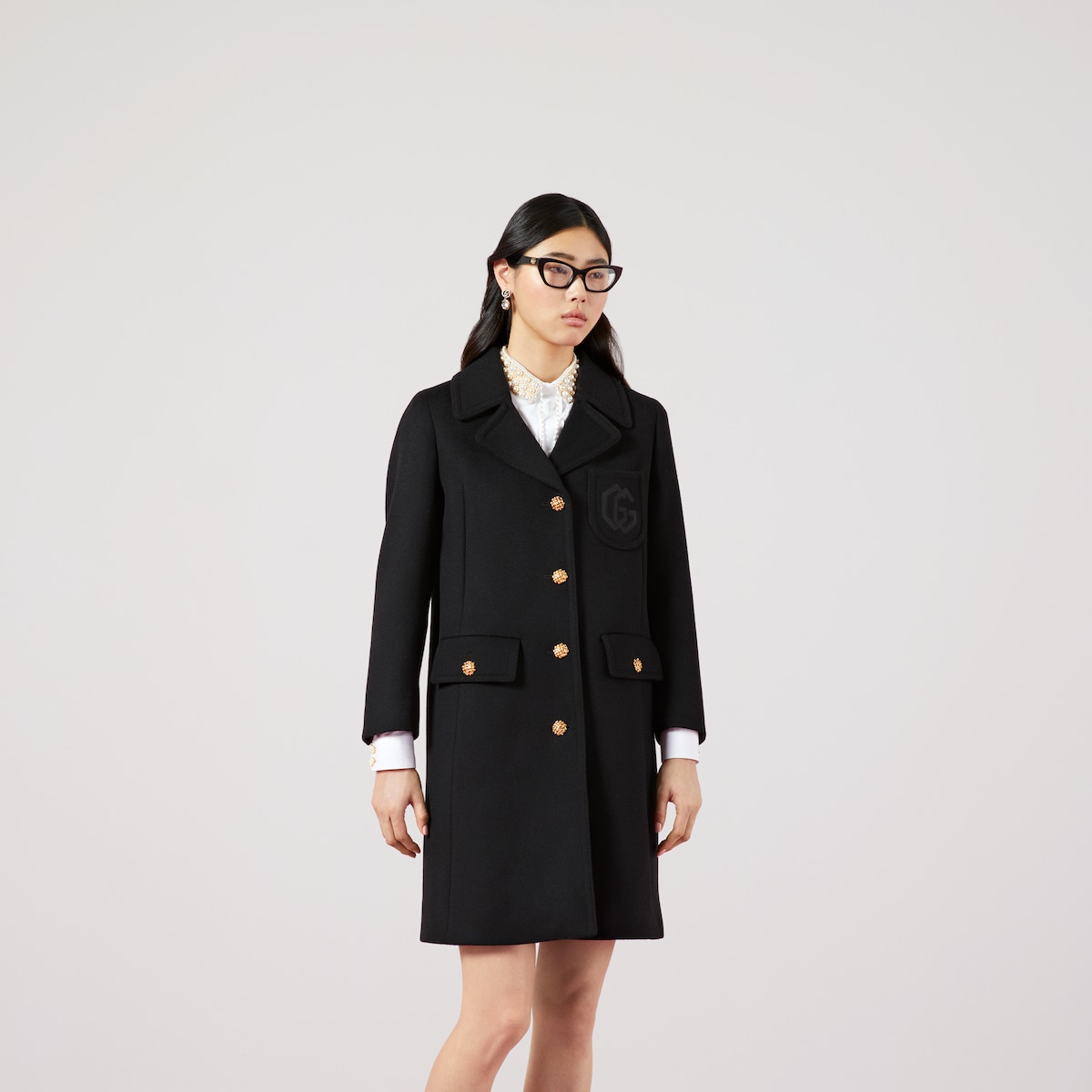 Double G embroidery wool coat in black | GUCCI® US