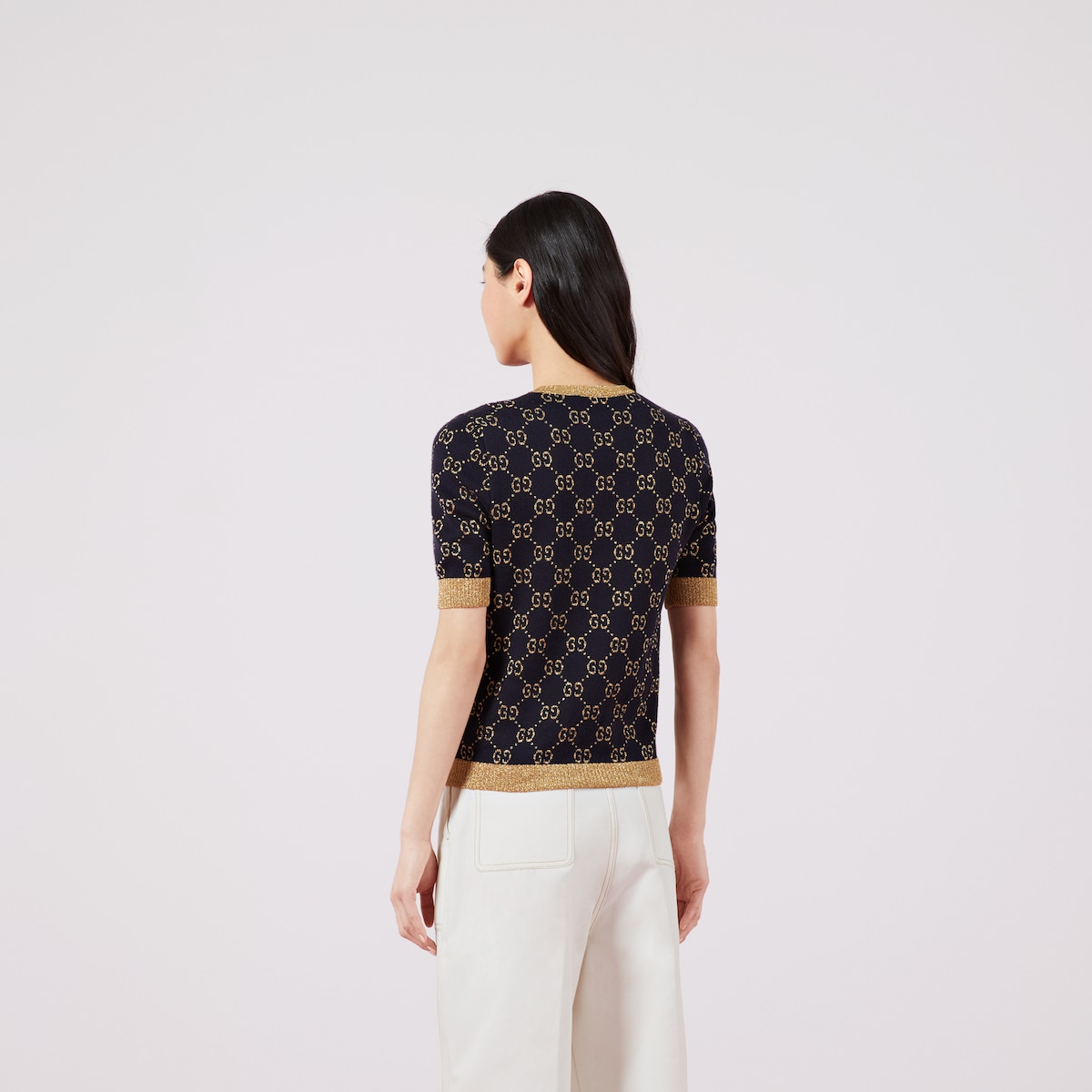 GG cotton lamé top in blue/gold cotton lamé | GUCCI® US
