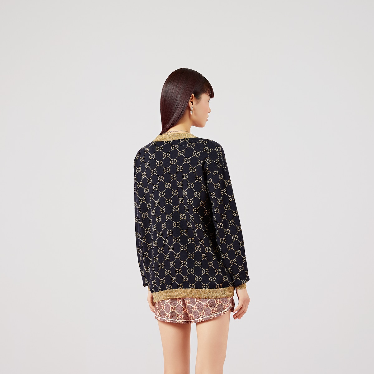 GG cotton lamé cardigan in blue/gold cotton lamé | GUCCI® US