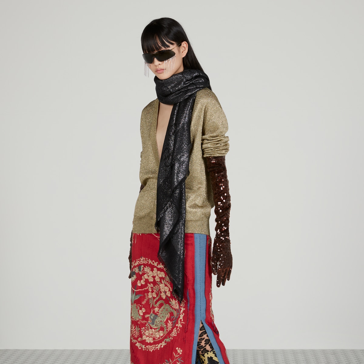 GGラメ ジャカード ショール ・ブラック＆メタリックシルバー