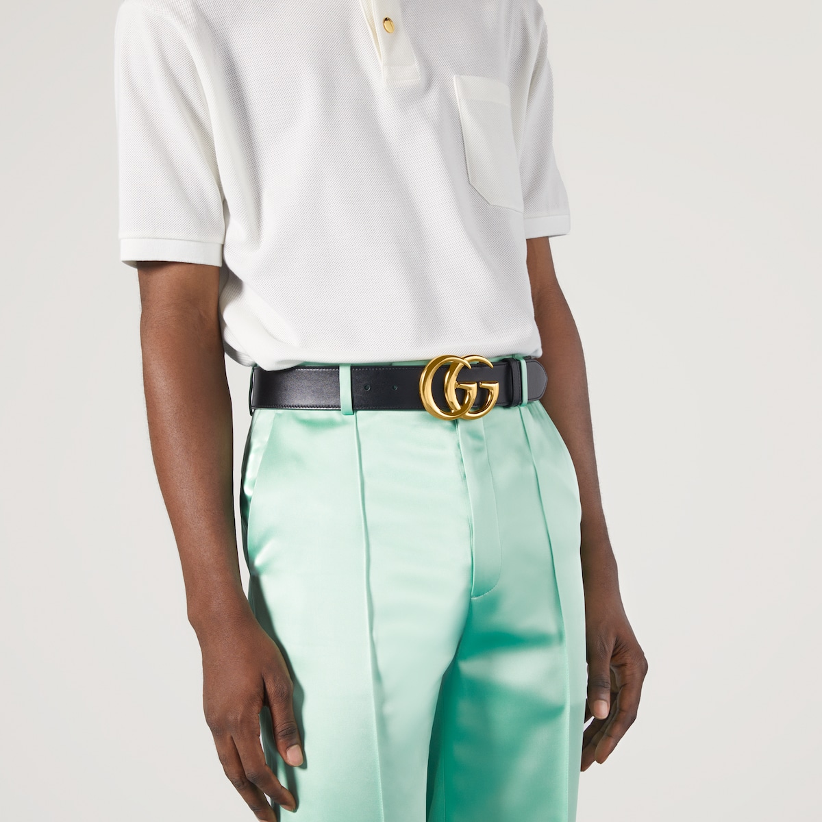 GG Marmont wide belt with shiny buckle in black leather