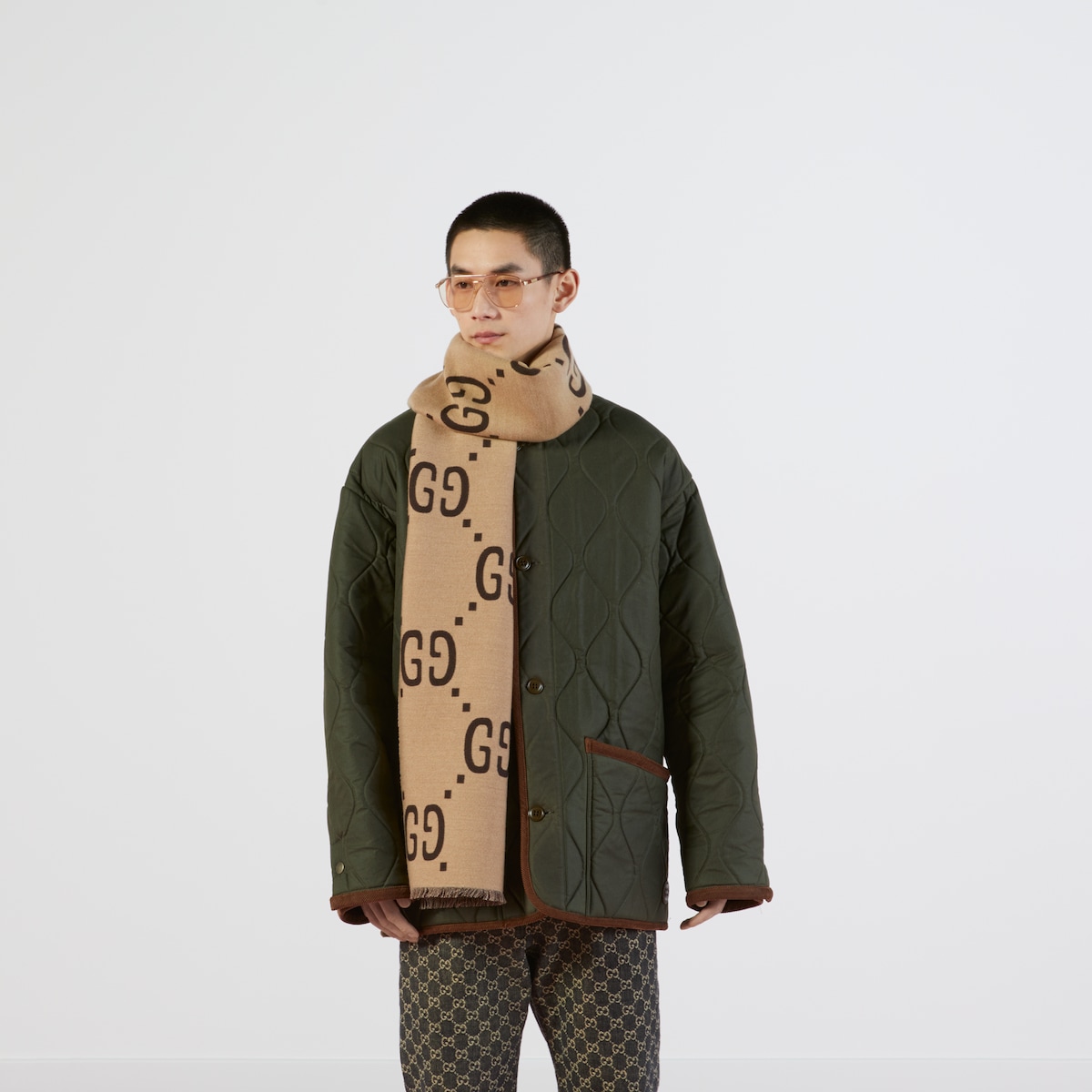 GG jacquard wool silk scarf in ivory and beige